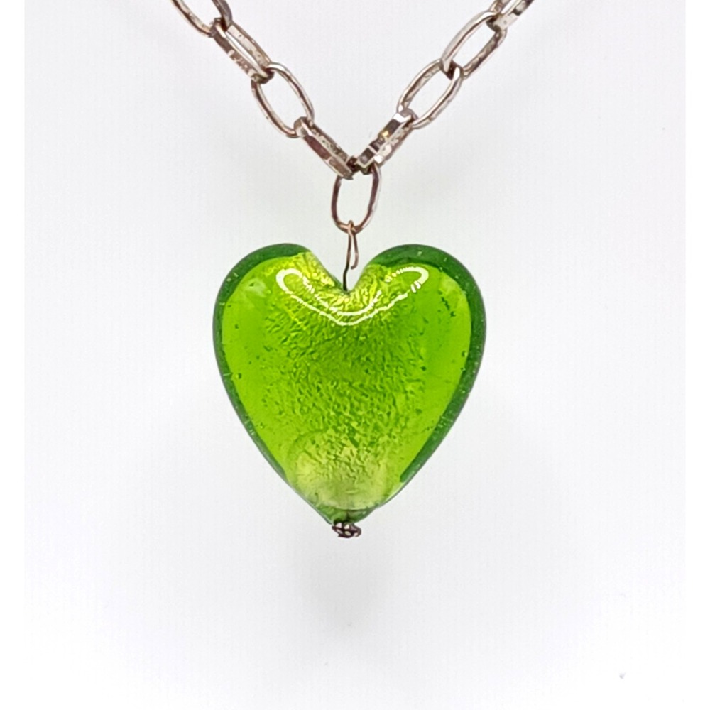 Silver Tone Necklace Green Glass Heart Pendant Paperclip Chain Murano Inspired